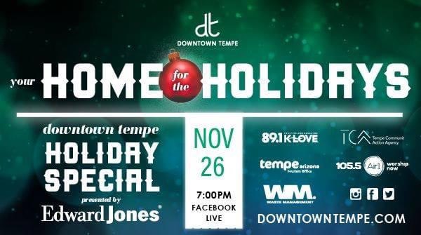 DowntownTempe's tweet photo. Join us for our #DowntownTempe Holiday Special on Facebook Live at 7 p.m. on Thanksgiving Day presented by @EdwardJones! We have some special surprises, holiday tunes and warm messages from Tempe mayor @mayorcoreywoods, Tempe City Council and a guest from the North Pole! 🎅🏼 https://t.co/zxurUjUs4L