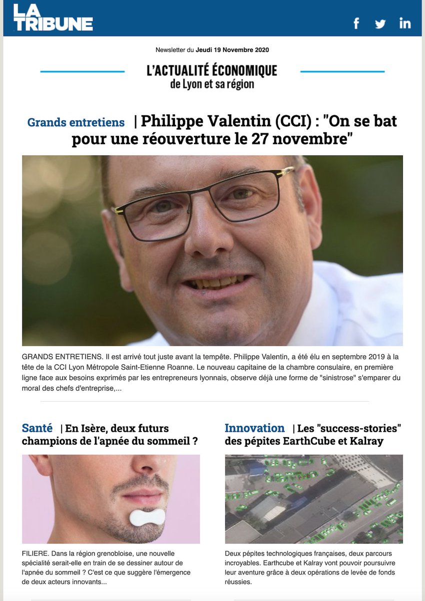 LaTribuneAURA's tweet photo. 📬 Gros programme ce jeudi pour la newsletter @LaTribuneAURA, avec :
➡️ @CCILYONMETRO, @valentin_phil
➡️ @SleepInnov @SunriseSleep
➡️ @Kalrayinc
➡️ @Carbios
⏭️ & aussi : @LaTribune & #PPLSecuriteGlobale, #PierreVeltz & #Industrie, @Veolia & @suez, @Flexfuelcompany @SEPTEO_GROUPE https://t.co/ZtsWCtbwhx