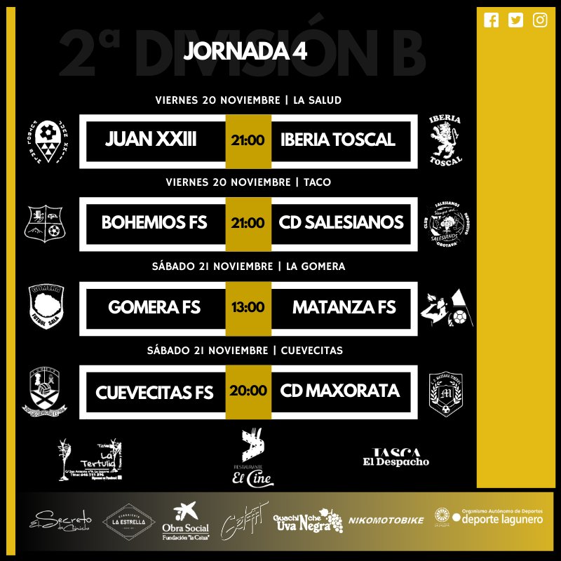 CDMaxorataTfe's tweet photo. 2° DIVISIÓN B | JORNADA 4
La próxima jornada traerá consigo encuentros interesantes, especialmente el que enfrentará al #GomeraFS y #MatanzaFS, líder y colíder de la clasificación, respectivamente.
🗒 La jornada, aquí 👇 https://t.co/rRZ7v2Z6jK