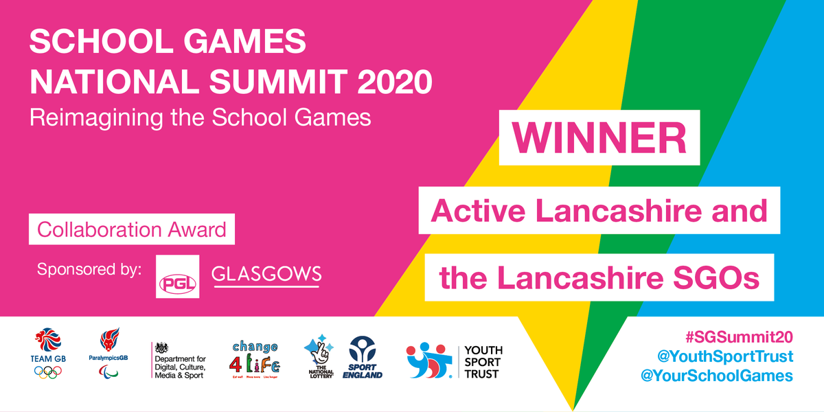 YourSchoolGames's tweet photo. We're delighted to profile 2 winners for the Collaboration Award, sponsored by @_Glasgows &amp; @PGLTravel. First up are @ActiveLancs, and the Lancashire SGOs! Congratulations on your collaborative work, providing even more opportunities for young people. Well done! 👏 #SGSummit20 https://t.co/HmSVe54mO2