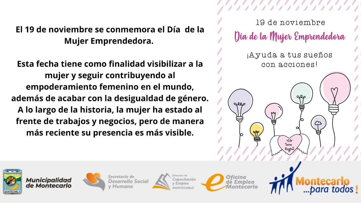 OficinadeEmple2's tweet photo. Feliz día a todas las Mujeres Emprendedoras! Que con mucho esfuerzo, generosidad y fortaleza  van abriendo caminos y día a día pese a cualquier dificultad siguen adelante 💪👏🤩 @jorgeAdanLovato @jorgebernardonu @ReneAnders2619 @chunbarreto @veroderna @janiylu @DsocMontecarlo https://t.co/5rst3llzaq