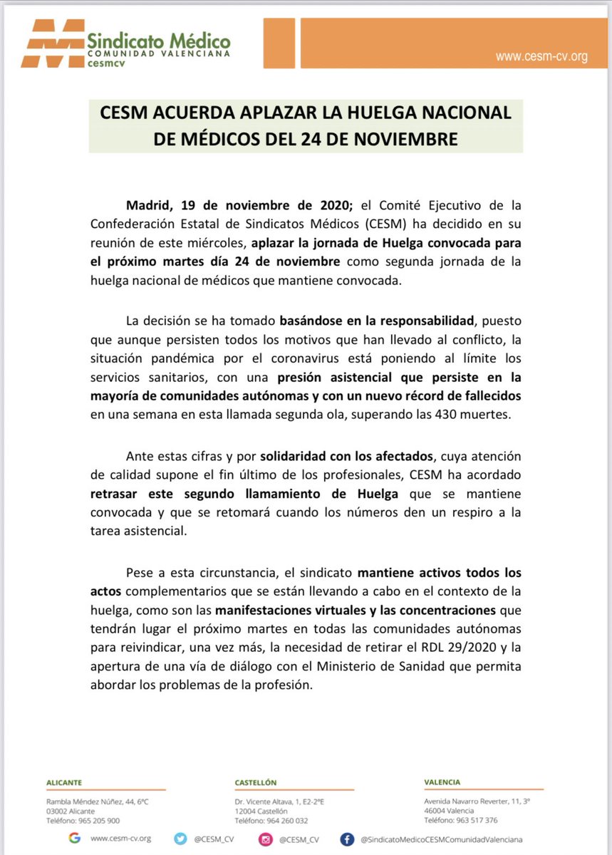 Por responsabilidad social se aplaza huelga de médicos del 24 de noviembre. #SalvemosLaSanidad <a href="/CESM_CV/">SindicatoMedico_CESM-CV</a> <a href="/cesm_sindicatos/">CESM</a>