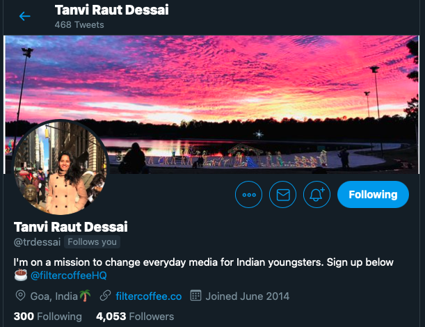 1/10 -  @trdessai Tanvi & her team are creating probably the most underrated newsletter in India News on Technology, Business, IPOs, Almost everything Simple & Best  http://filtercoffee.co 