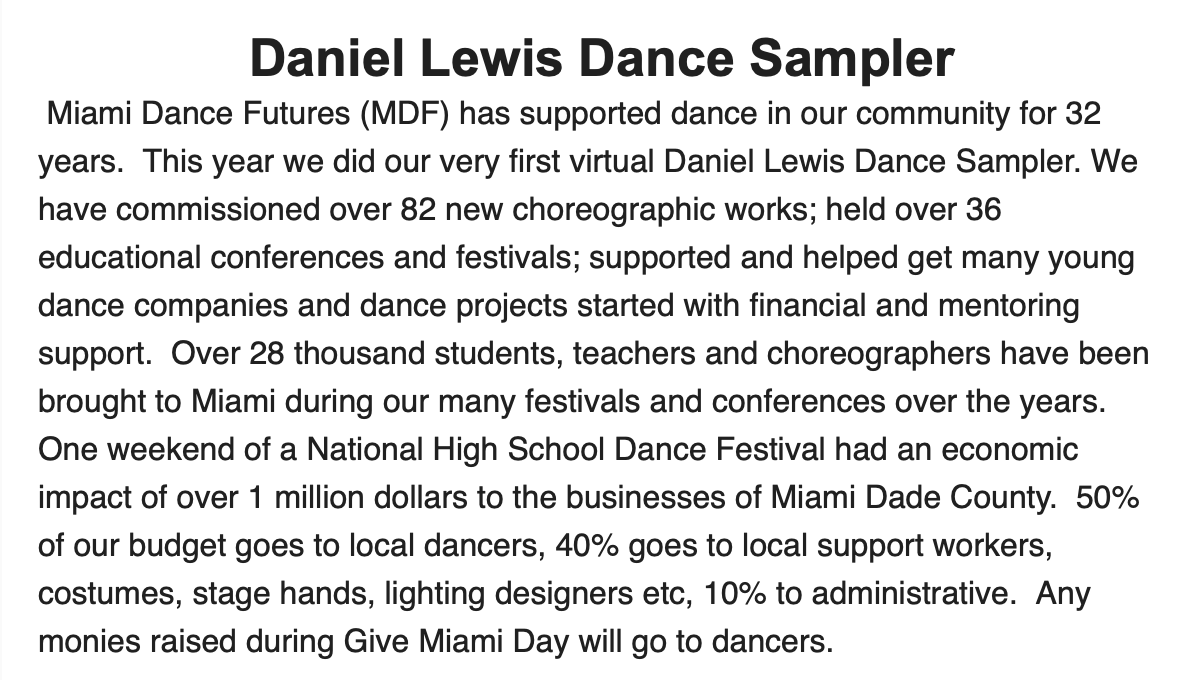dancedan's tweet image. Today is Give Miami Day.  Thank you to all that have already given. You can still make a difference in a dancers life by giving today at: givemiamiday.org/MDF

Thank You, Daniel Lewis