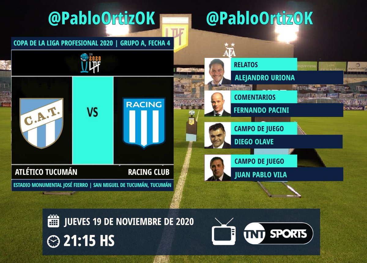 PabloOrtizOK's tweet photo. #TNTSports | #AtléticoTucumán vs. #Racing
Relata: @aleuriona | Comenta: Fernando Pacini
Campo de Juego: @olavegol y @juanpvila
TV 📺: @TNTSportsLA
#JugamosDistinto
#CopaLigaProfesional🇦🇷 https://t.co/G0bdzG82Pn