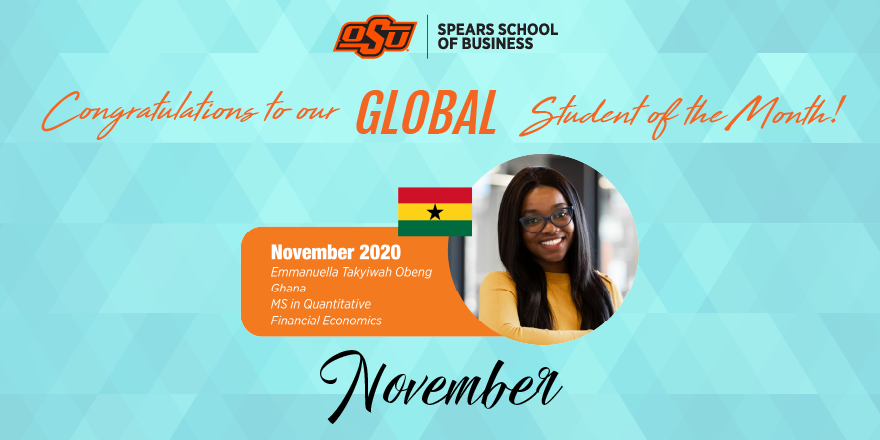 OSU_CAGLE's tweet photo. Congrats to our Graduate Global Student of the Month, Emmanuella Takyiwah Obeng ! Read more about Emmanuella's background and hobbies! 

https://t.co/z0ce0rRkIQ

#IEW2020 #osucagle #spearsglobal #spearsbusiness #spearssuccess #okstate https://t.co/FIKTqGuFSd