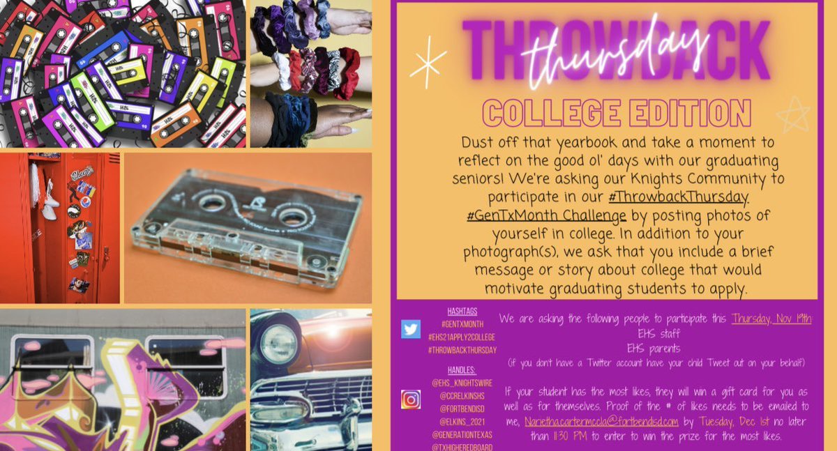 CCRElkinsHS's tweet photo. Challenge accepted! This #ThrowbackThursday, taking it back 2 my college days @TAMU encouraging students 2 #VentureForward with greatness - Apply 2 college @ApplyTexas or @CommonApp by Nov 30!   #GenTXMonth #FBISD21Apply2College @FBISD_SEL @FortBendISD  @elkins_2021 @CCRStars1 https://t.co/gb3KXJGzyX