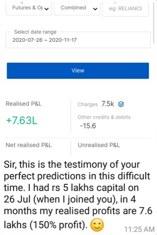 I'm always sceptical of sharing testimonies simply because I don't need any advertisement or hand holding....Have 100s of such msg.

Any person who has discipline in his trades &amp; reads me twice will do well.

This person never called me for calls...Simply he focus on my updates.