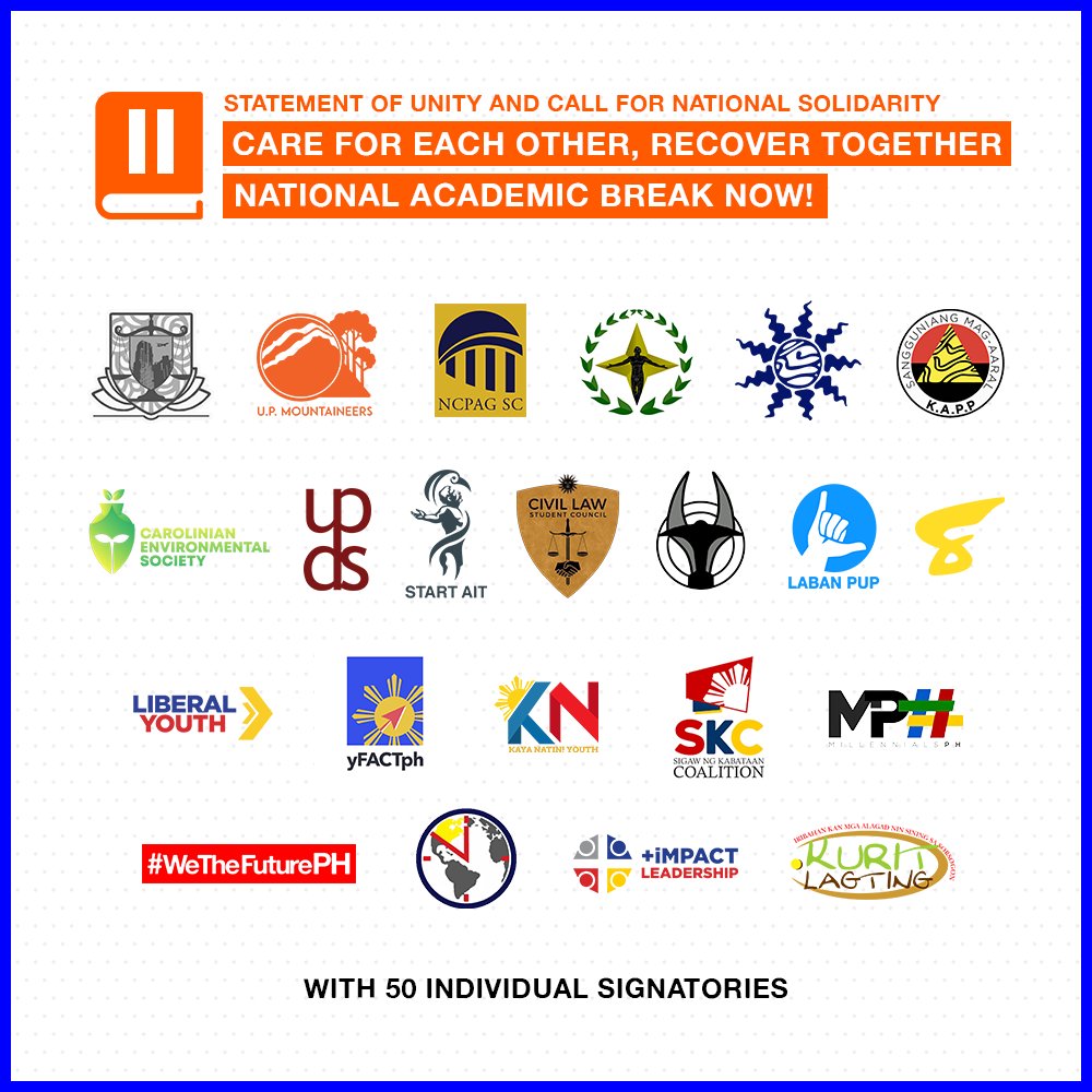 WeTheFuturePH's tweet photo. We, the sovereign Filipino youth, stand together with students in calling for a national academic break now.

Read our solidarity statement: https://t.co/egH5aI1Yuq

#NoStudentLeftBehind #NationalAcadBreakNow #DemandAccountabilityNow https://t.co/bHEqnbnhr3