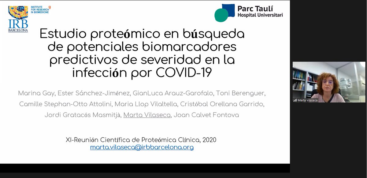 Proteomics_CNB's tweet photo. "Estudio proteómico en búsqueda de potenciales biomarcadores predictivos de severidad en la infección por COVID" presentado ayer en #XIRCPC por la Dra. Marta Vilaseca. Instituto de Investigación Biomédica. IRB Barcelona. @IRBBarcelona @CSIC @navarrabiomed @SaludISCIII https://t.co/ZGudU83j8M