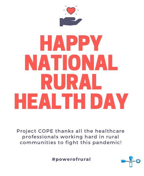 cope_project's tweet photo. In the United States, today is National Rural Health Day! For healthcare professionals working in rural communities, what has been your biggest challenge while trying to fight this pandemic? How has your community responded to this pandemic? #powerofrural https://t.co/J8qQ4kQPYT https://t.co/EwwMZopVFv