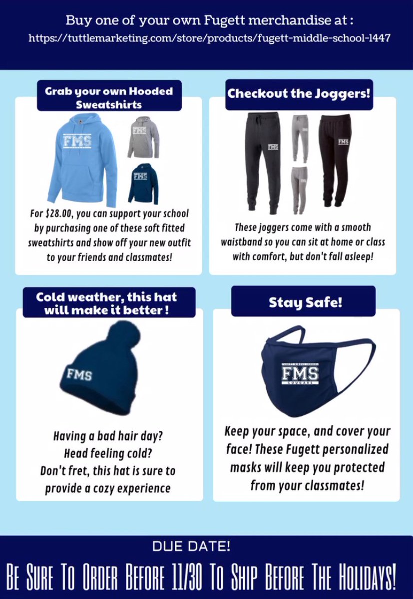 Fugett Spirit Wear Store is OPEN! <a href="/FugettMS/">Fugett Middle School</a> 

Get your Fugett gear to show your Cougar Spirit!  Store closes 11/30.

Link to store: tuttlemarketing.com/store/products…