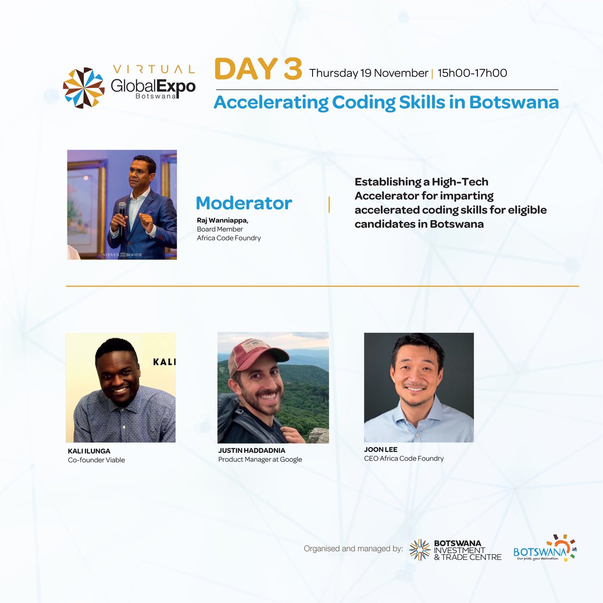 GlobalExpo_BW's tweet photo. DAY 3: VIRTUAL GLOBAL EXPO INVESTMENT &amp; TRADE CONFERENCE 

ACCELERATING CODING SKILLS IN BOTSWANA 

The session is live now. 

Visit https://t.co/2L0QVNoova and go to the Virtual auditorium to watch the live session to stay tuned to today’s program. 

#GEBGoesGlobal #GEB2020 https://t.co/Y5f9o24Ba9