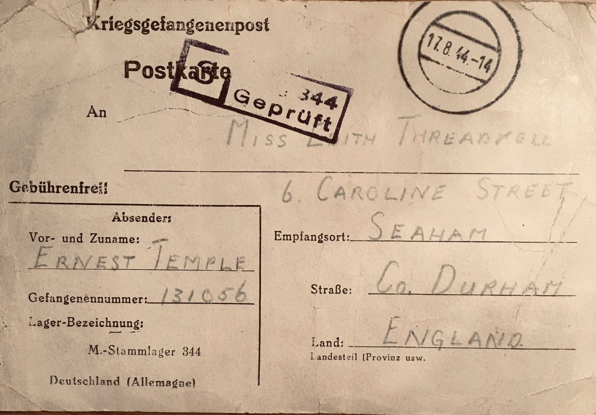 6) The original postcard sent by Prisoner of War Ernest Temple to Edie Threadkell in 1944. Ernie describes how he had a “rough time” in Italy. Edie wrote to dozens of POWs from her home town of Seaham during the war. Edie was the Clyde Family’s neighbour (p206)  #AboveUsTheStars