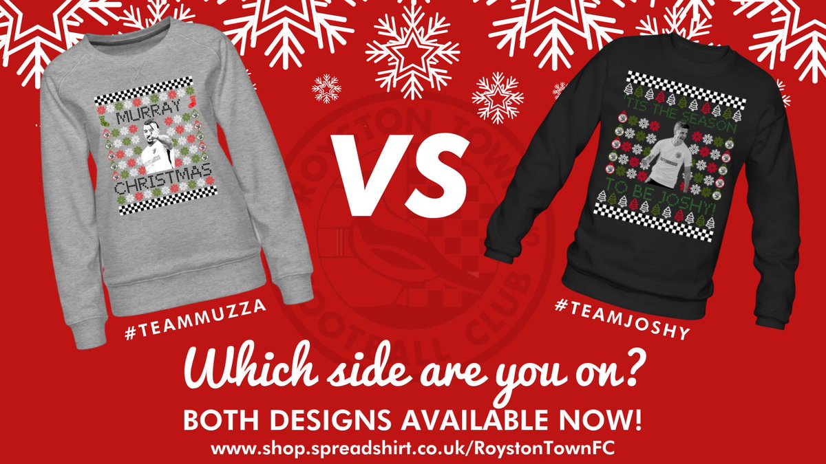 RoystonTownFC's tweet photo. Our #MurrayChristmas and #TisTheSeasonToBeJoshy #ChristmasJumpers are proving very popular! But who's the most popular @89minty or @JoshCastiglione ?
At the moment sales of each design are neck and neck!
Are you #TeamMuzza or #TeamJoshy
https://t.co/xWov5bEucL
#crows #coyc https://t.co/aHeOmqm8zN