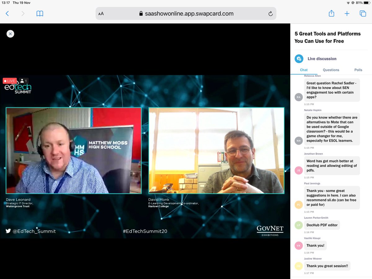 KellyEd824's tweet photo. Lively and informative session with @itbadger and @monk_dave on top free tools that can be used to improve LTA @EdTech_Summit https://t.co/GzeEIyR6B6