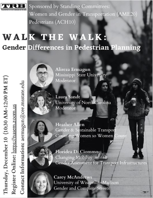 Webinar: "Walk the Walk: Gender Differences in Pedestrian Planning" 
Fecha: 10 de diciembre 20202
Hora: 10:30 AM (Eastern)
Registro: nasem.zoom.us/meeting/regist…