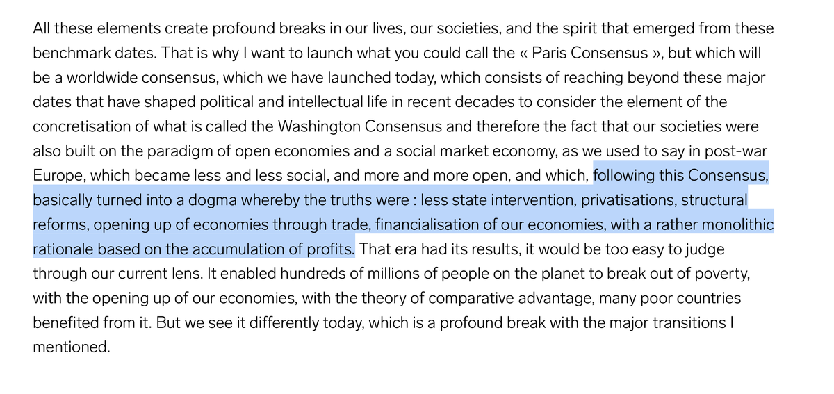 fascinating long interview with Macron on what he calls the 'Paris Consensus' - an attempt to move away from the Washington Consensus market mantra, and its financialisation of economies h/t  @logophilekieran