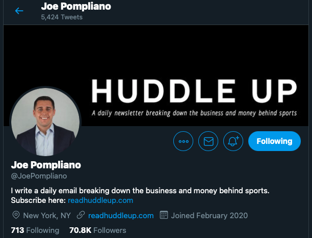 6/10 -  @JoePompliano Love watching sports? Ever wondered the BTS & business behind the sports as a whole (Especially Money) He talks about that. Every single day Read his Threads (they are the best)  http://readhuddleup.com&nbsp;