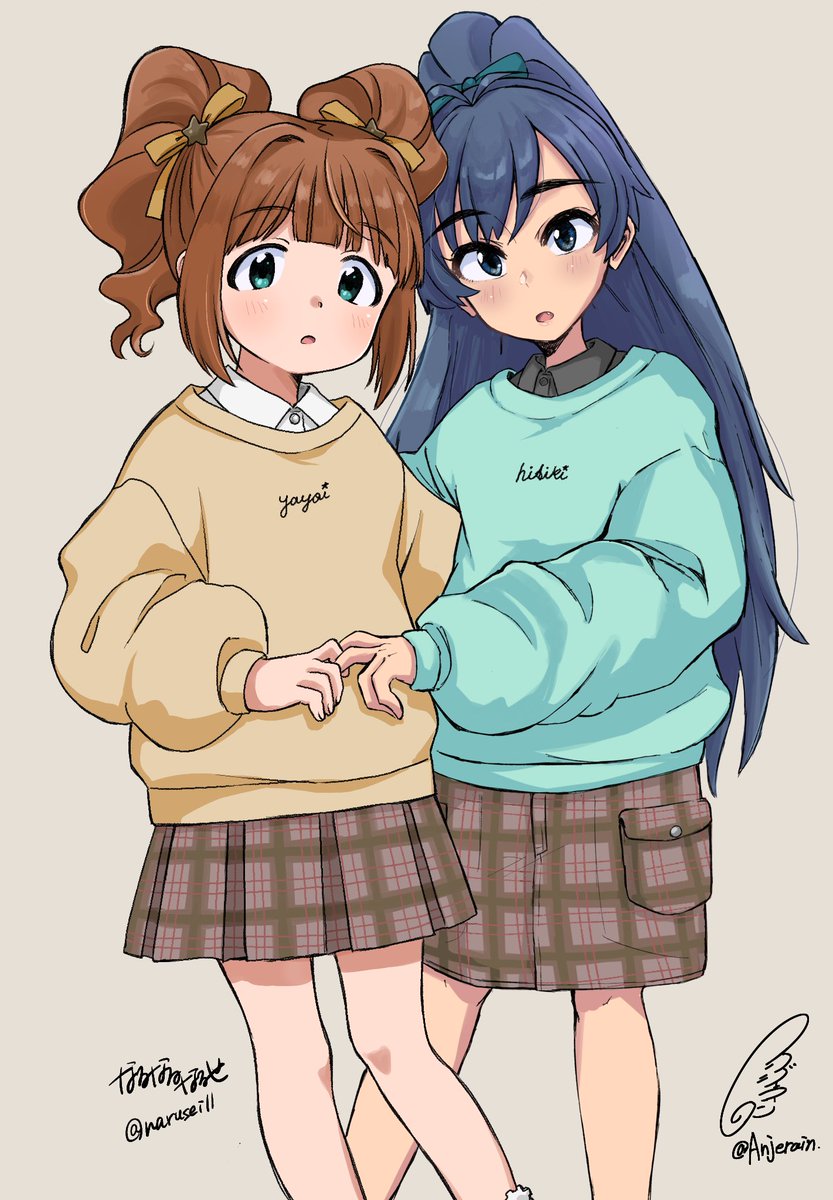 ganaha hibiki ,takatsuki yayoi multiple girls 2girls skirt twintails sweater plaid long hair  illustration images