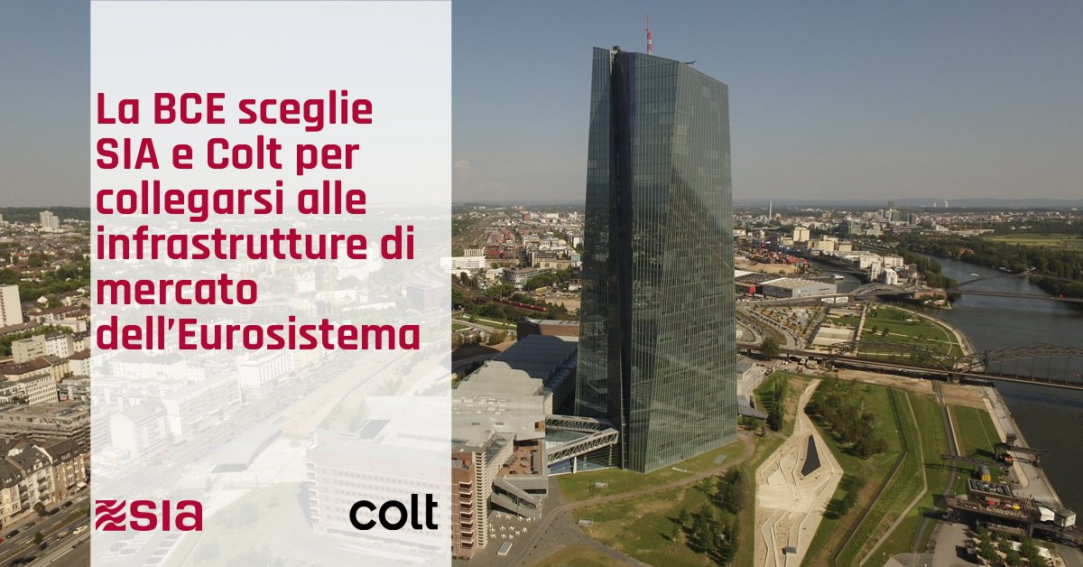 SIA_pressoffice's tweet photo. SIA,in partnership con @Colt_Technology, fornirà alla #BCE i servizi di connettività alle piattaforme per il regolamento di pagamenti (TARGET2,TIPS), titoli (TARGET2-Securities) e al sistema di garanzie ECMS tramite un’interfaccia
unica di accesso,l’#ESMIG https://t.co/HRlqrtJL2z https://t.co/16uJXF0DQe