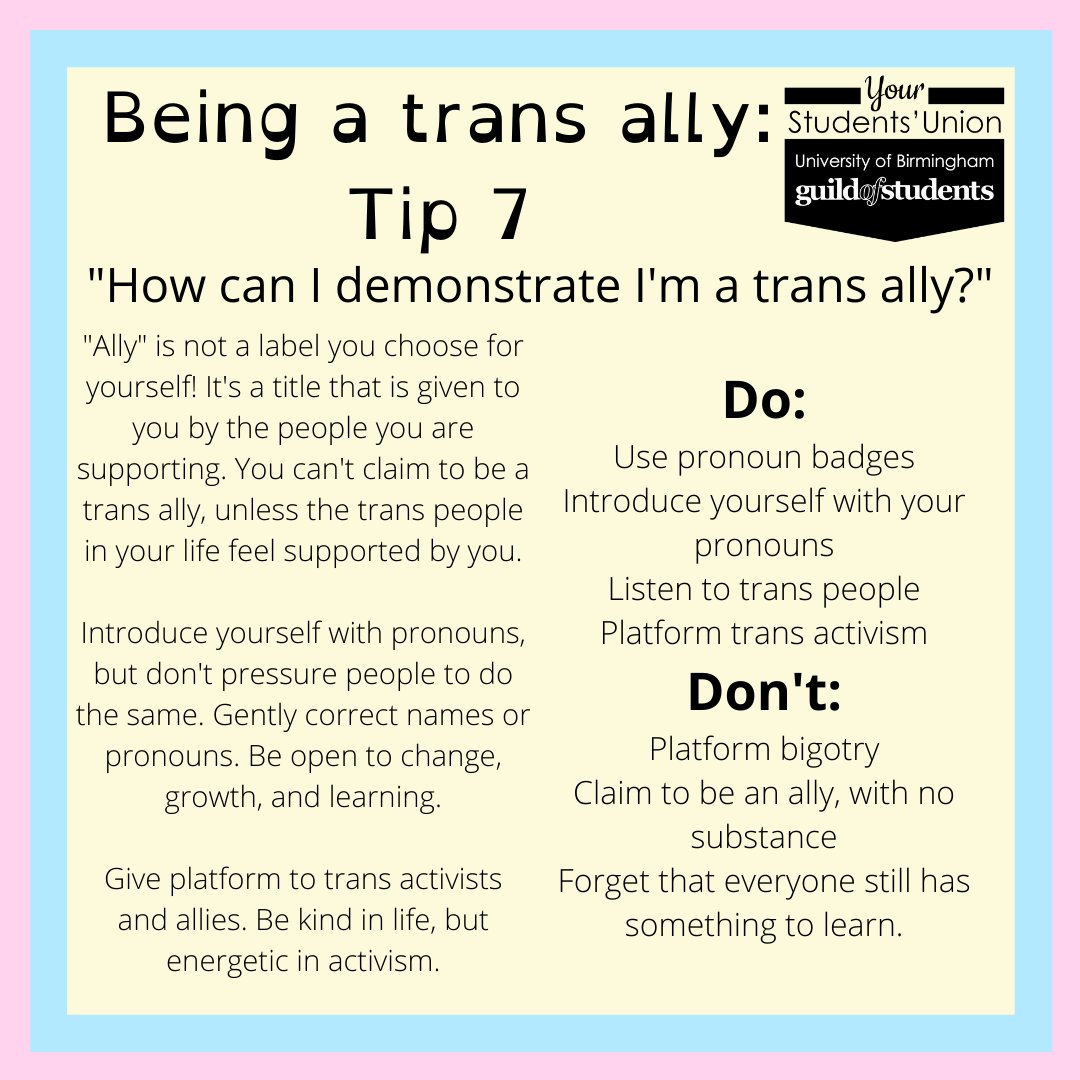 GuildTrans's tweet image. Last, but certainly not least, is Trans Awareness Week, day 7! We have Diane Marie Rodríguez Zambrano in the spotlight, and to sum up our tips for the week, how you can demonstrate trans allyship!
facebook.com/trans.officer/…