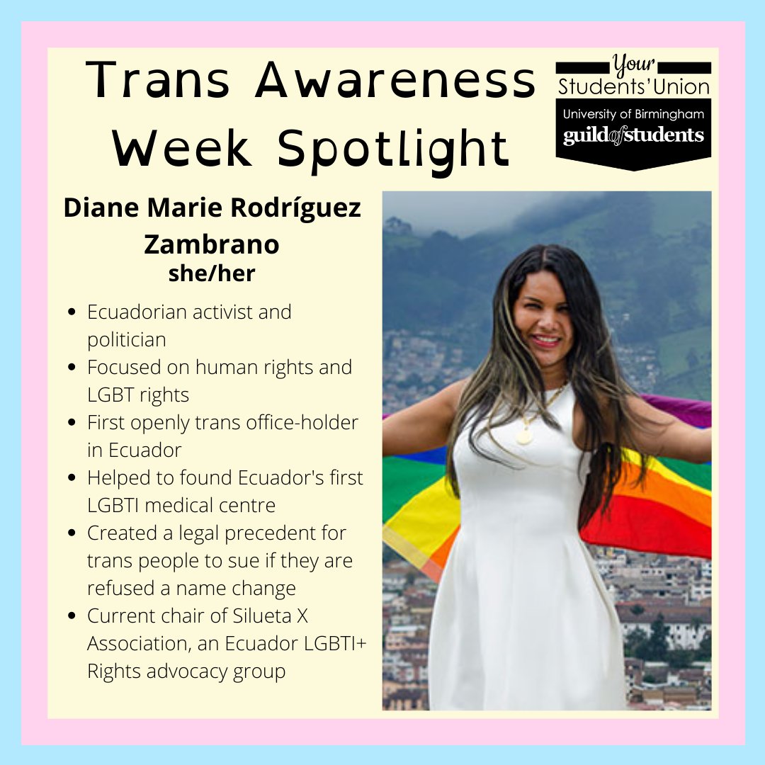 GuildTrans's tweet image. Last, but certainly not least, is Trans Awareness Week, day 7! We have Diane Marie Rodríguez Zambrano in the spotlight, and to sum up our tips for the week, how you can demonstrate trans allyship!
facebook.com/trans.officer/…