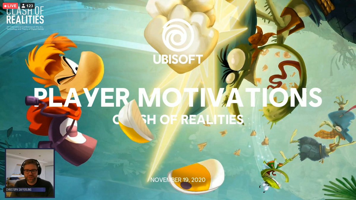 ClashORealities's tweet photo. Christoph Safferling (@UbisoftBlueByte) on "Player Motivation": Playing equals learning. It's not work if you enjoy it - and if you get a reward unexpectedly! Games can shape or "code" the expectation of the players. #CoR2020 https://t.co/m4KkOChNdw