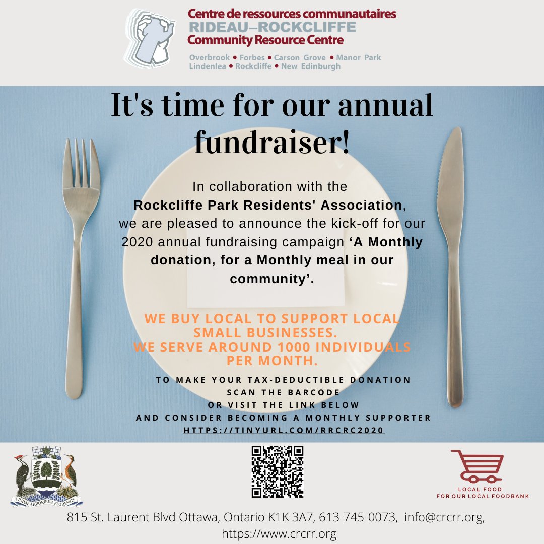 It's time for our annual fundraiser! In collaboration with the 
Rockcliffe Park Residents' Association (<a href="/RockcliffePk/">Rockcliffe Park Residents Association</a>), 
we are pleased to announce the kick-off for our 2020 annual fundraising campaign ‘A Monthly donation, for a Monthly meal in our community’.