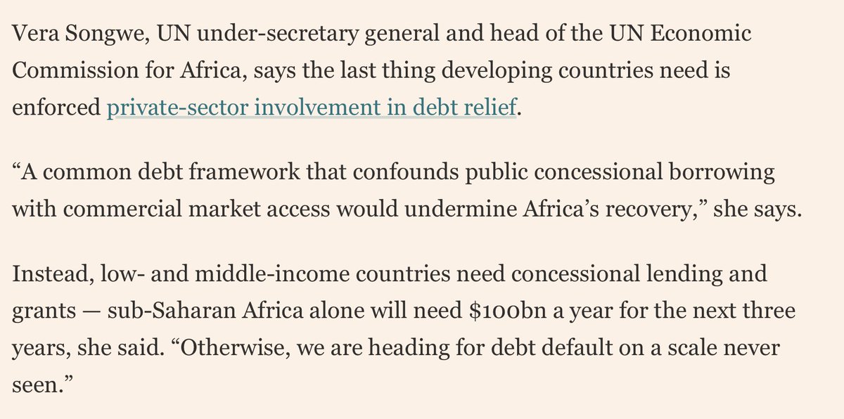 read UN Economic Commission for Africa's position on debt renegotiations, and it's same theme: we cannot pursue SDG goals without partnership with global finance, even if bondholders refuse voluntary participation in debt restructuring https://www.ft.com/content/f665b6d2-79f8-49e9-9c93-3602c42ecf83?shareType=nongift