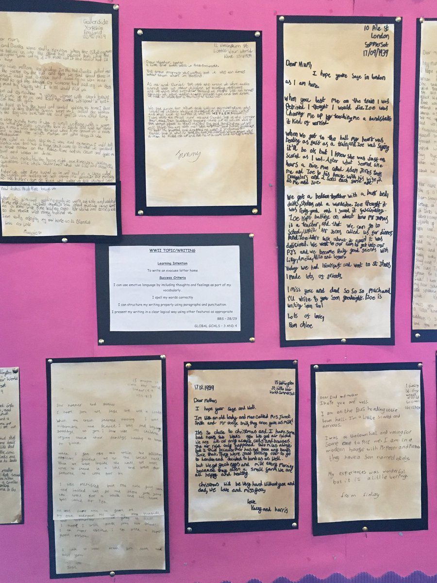 GemmaLaing4's tweet photo. Evacuee letters home 📝🧳 Pr 6/7 put so much effort into these letters that are full of emotive language. Fantastic job🥰 #WWII #topicwriting #evacuee #lettershome https://t.co/IdYbewCnDJ
