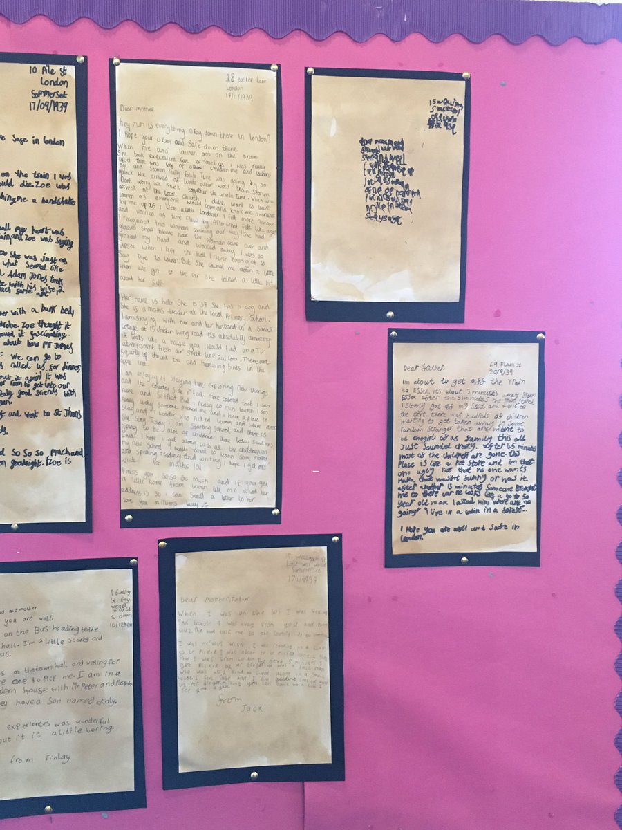 GemmaLaing4's tweet photo. Evacuee letters home 📝🧳 Pr 6/7 put so much effort into these letters that are full of emotive language. Fantastic job🥰 #WWII #topicwriting #evacuee #lettershome https://t.co/IdYbewCnDJ