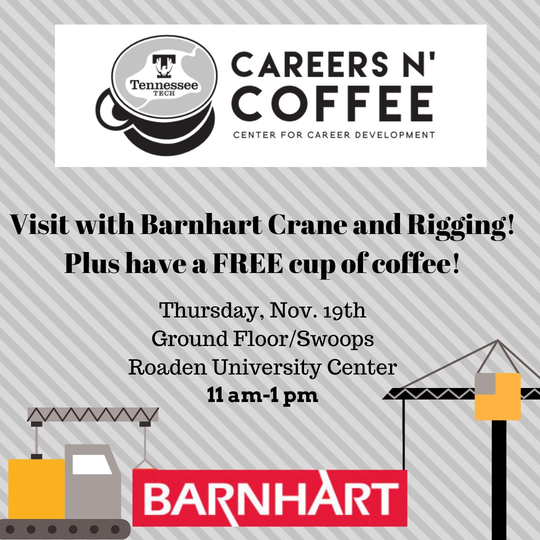 tntechcareer's tweet photo. Stop by the Roaden University Center and talk to Barnhart! PLUS you can get a FREE cup of coffee while you're at it!💜☕💛 https://t.co/Z99zMOzVPw