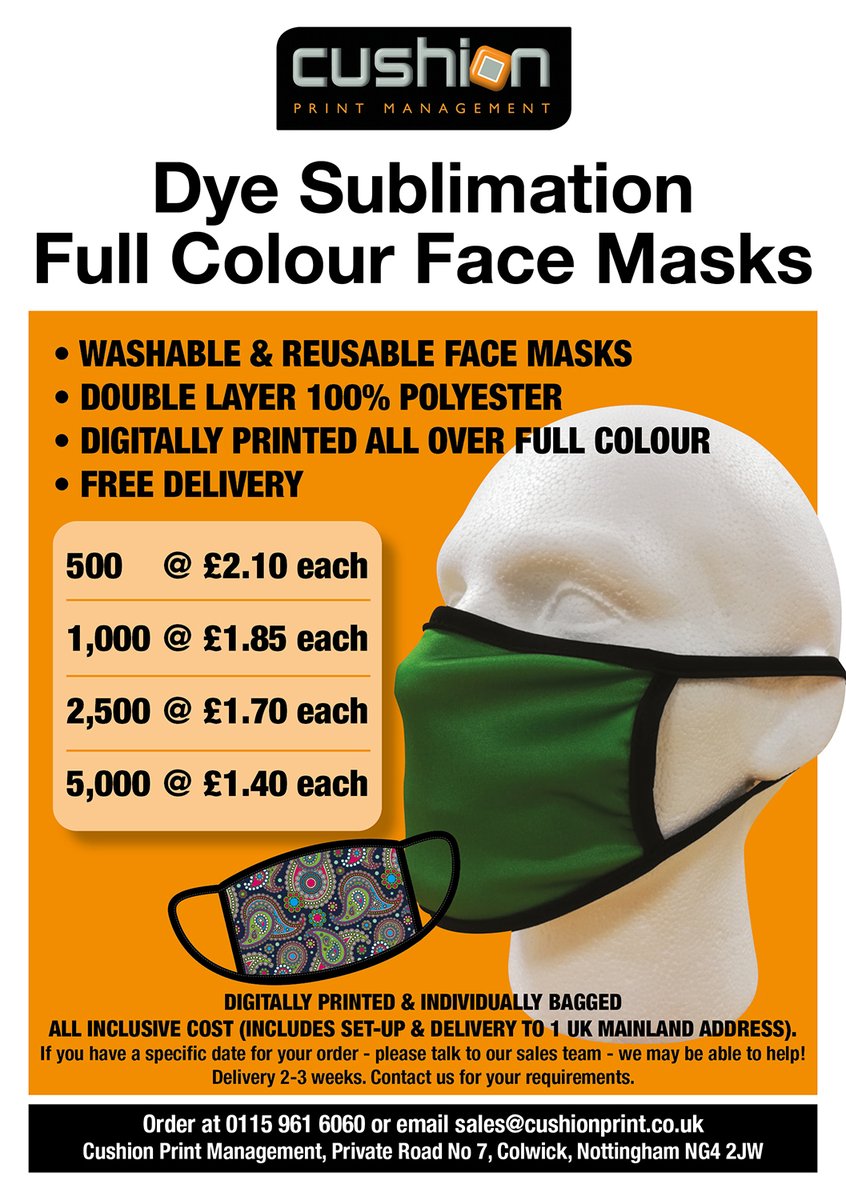 CPMPrintMedia's tweet photo. We are still supplying dye sublimation full colour printed face masks in 2nd lockdown. Washable &amp; Reusable. FREE Delivery. Order at 0115 961 6060 or email sales@cushionprint.co.uk #printedfacemasks #faceprotection #reusablemasks #washablemasks #lockdown https://t.co/1QNJI0wbKc