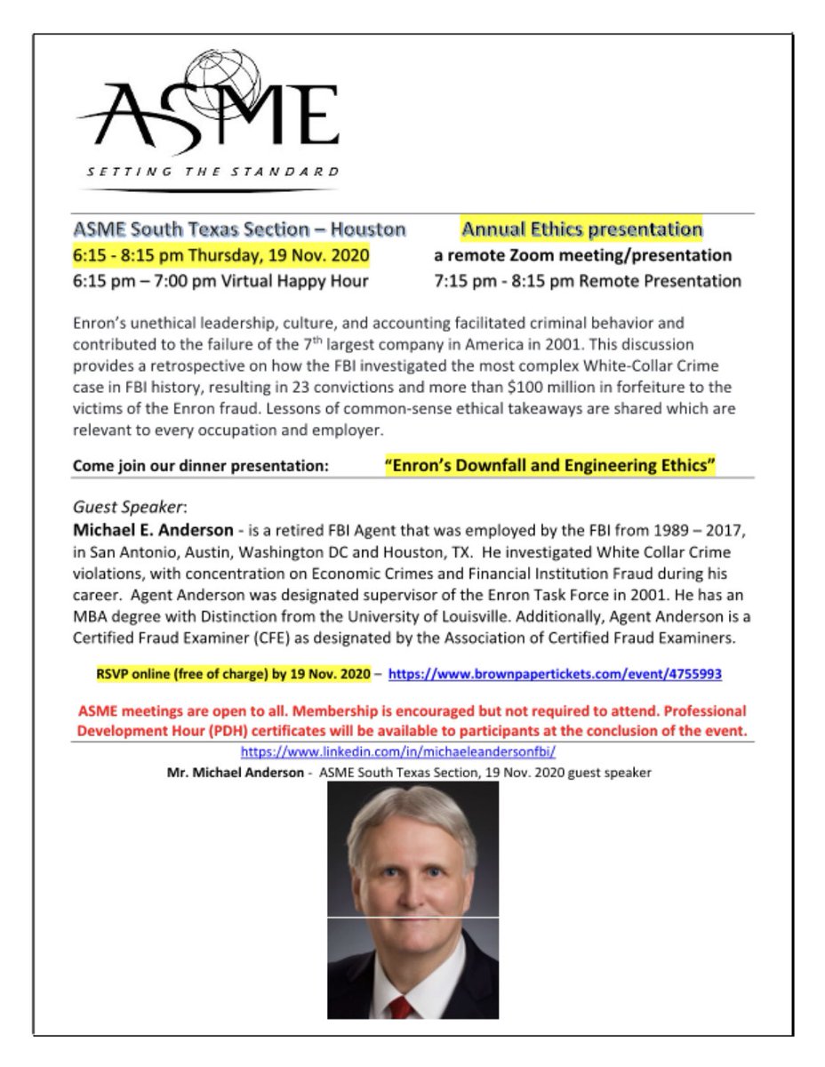 ASMESouthTexas's tweet photo. It’s not too late to sign up! It’ll be a great opportunity to network and get a unique insight into the Enron investigation from the early 2000’s. See you tonight! https://t.co/WXvgwoRvWz