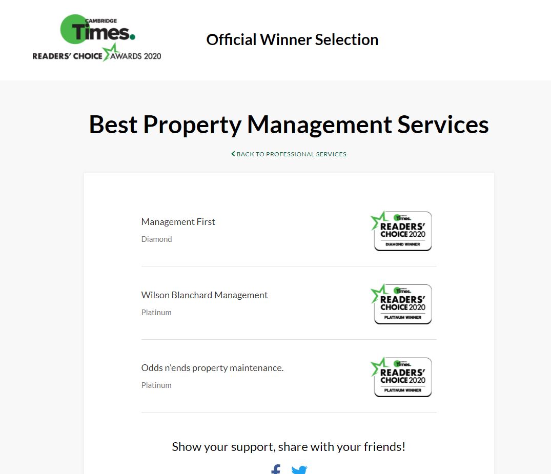 WOOHOO! We won the diamond award (1st place) for Best Property Management Services in Cambridge. We want to thank our clients and our network for voting for us. 🎉↓↓↓ Without your support, this couldn't be possible. #CambridgeTimes #readerschoice #readerschoiceawards