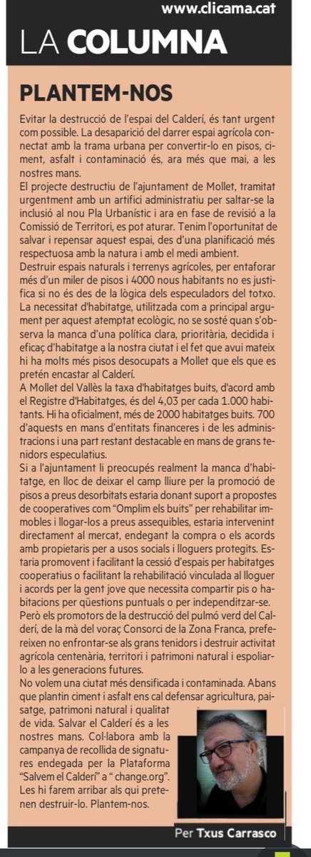 SOS_Elcalderi's tweet photo. 🌾'Plantem-nos'. Article al setmanari @clicamacat a l'entorn del conflicte per evitar la destrucció de l'espai agrícola del Calderí.

🌾Necessitem tots els suports. La teva signatura és la nostra força !
🌾Pots signar aquí👇
https://t.co/IGthp5fy8E https://t.co/TETf5gzCmm
