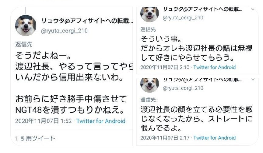 Ngtを助けてくれた渡辺社長に恨むなど報告書は騙す為に作られただの暴言を吐く Ngt48 のファン Ryuta Corgi 210 Yuka Ippaiwarae Official Ngt48 Hnabetter ツイレポ