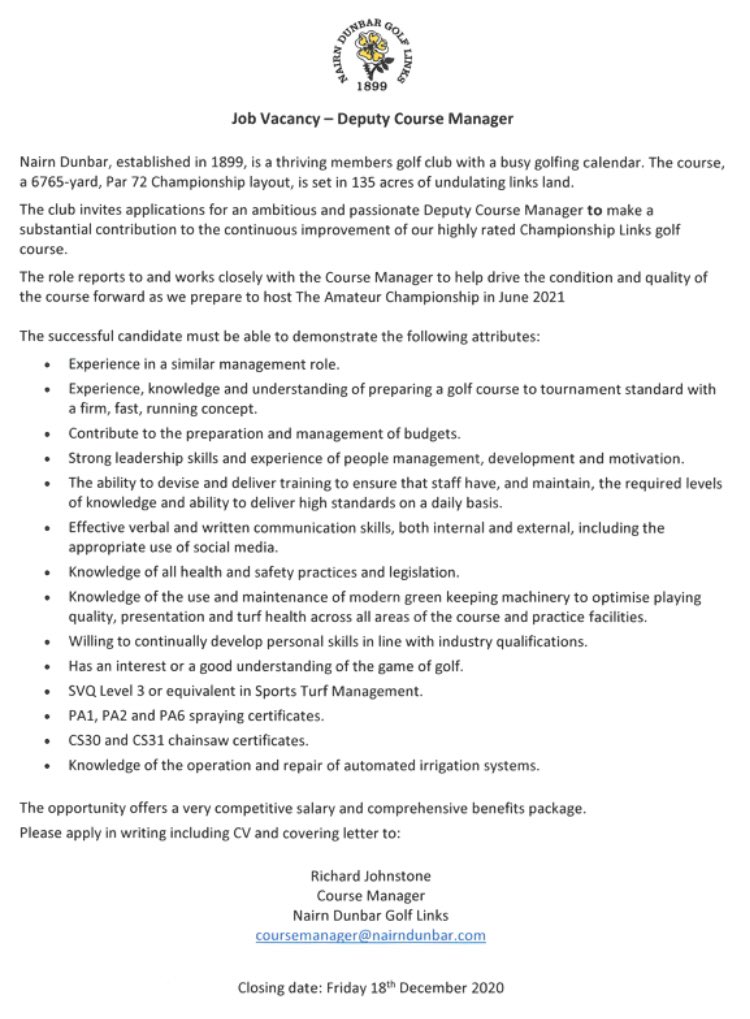 CMbalgownie's tweet photo. ⛳️Job Opportunity⛳️

Deputy Course Manager

An exiting opportunity has arisen to join the team @NairnDunbar to help drive the condition and quality of the course forward as we prepare to play host @RandA  Amateur Championship in 2021 ⛳️🏆 https://t.co/tAExPyvnFH