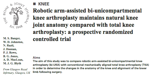 Here is the first publication from our TRUCK Trial at Glasgow Royal Infirmary comparing conventional TKA to robotic-assisted bi-compartmental knee replacement. online.boneandjoint.org.uk/doi/full/10.13…