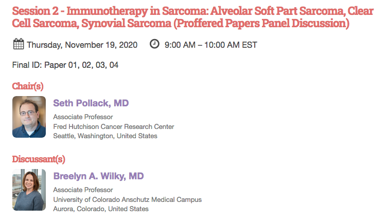 JTrentMDPhD's tweet photo. 9am EST listen to #sarcoma expert @breelynwilkyMD discuss Immunotherapy oral presentations @ctosociety #ctos2020 @nadiahindi83 #ASPS @sandrapdangelo #ClearCellSarcoma @bvantine1 chaired by @immunosarc https://t.co/iI7DJq93sR