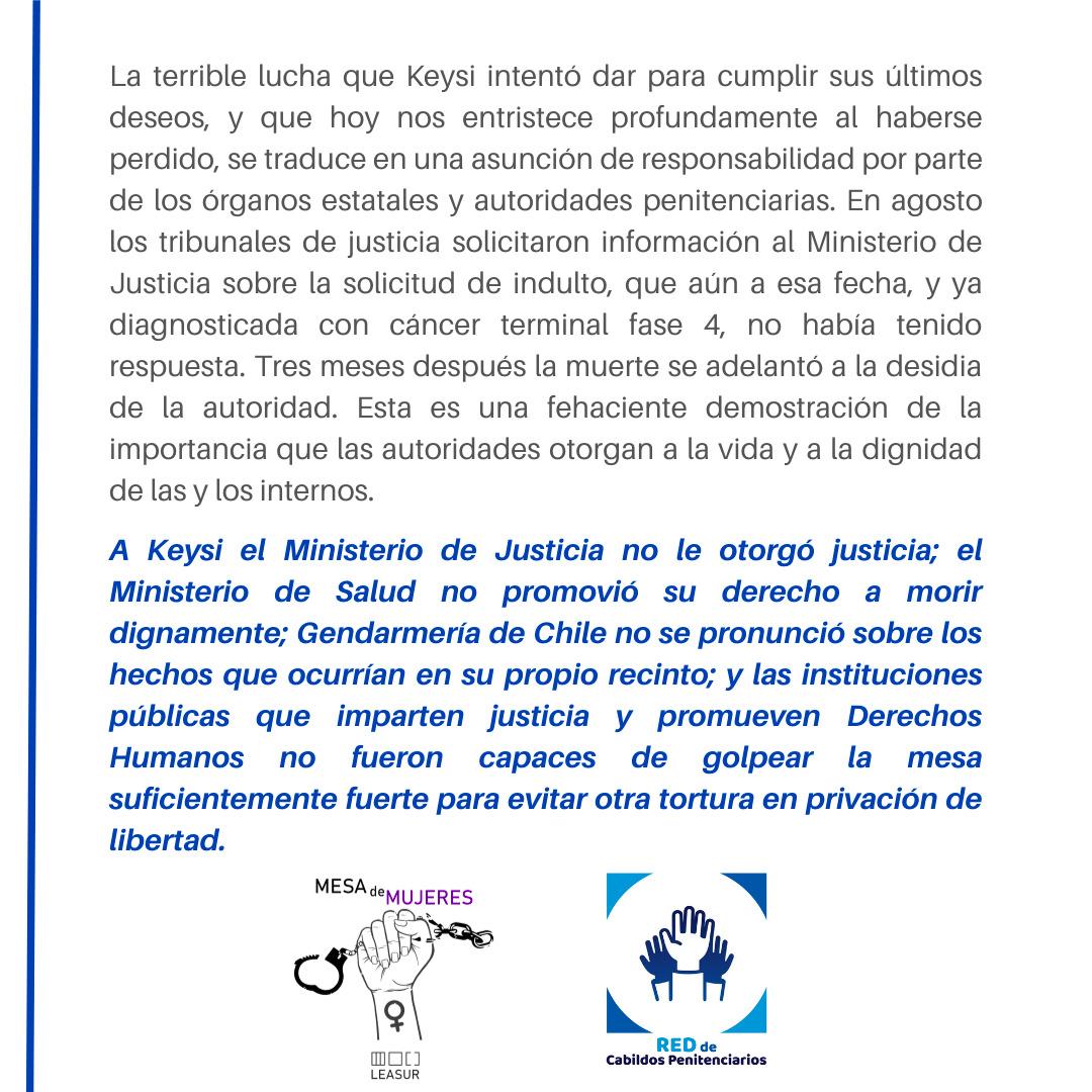 Declaración realiza en conjunto con la Mesa de Mujeres de <a href="/LeasurONG/">Leasur ONG</a> respecto al fallecimiento de Jeimmy Keisy Vigoroux, quien murió esperando un indulto para ver a su familia en sus últimos días.