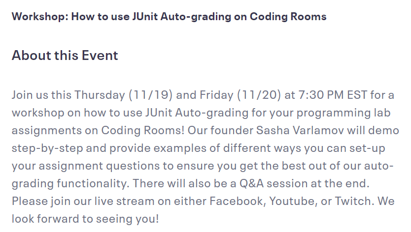 CodingRooms's tweet photo. Today's the day! At 7:30PM EST our founder, Sasha Varlamov, will host a live workshop session on how to use JUnit Auto-grading on #CodingRooms!! 😍 If you can't join today - we also have a session tomorrow (11/20). Please RSVP to this FREE event here: https://t.co/jixWg6N1jt https://t.co/rXLOWq6mp4