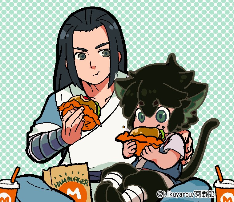 luoxiaohei multiple boys burger black hair 2boys food eating animal ears  illustration images