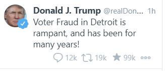 Voter fraud in Detroit. Voter fraud in Georgia. Voter fraud in predominantly black districts. Voter fraud. I.e. black people voted. That's what he's saying. And don't tell me it's not. 1/