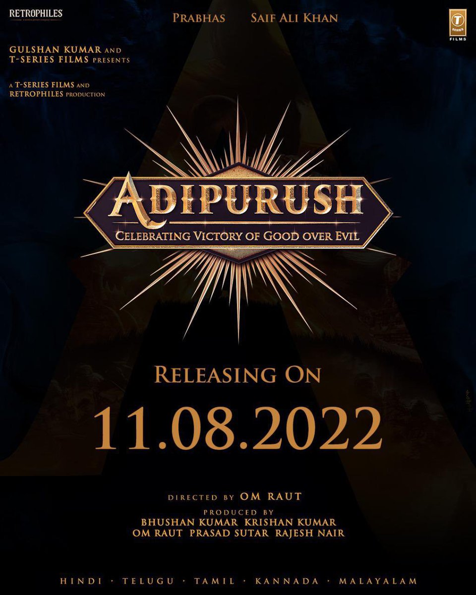 iRaviOfficial's tweet photo. #ADIPURUSH

Starring #Prabhas &amp; #SaifAliKhan, this multi-lingual magnum opus 3D feature film Directed by @omraut.

Release on #11thAug 2022.

Produced by #BhushanKumar, #KrishanKumar of @TSeries &amp; #OmRaut, @vfxwaala &amp; @rajeshnair06 of @RETROPHILES1.
Will go on floors in Jan 2021. https://t.co/rr7MPMyVUV