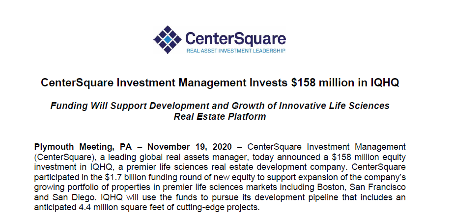 CtrSquare's tweet photo. CenterSquare Investment Management Invests $158 million in IQHQ https://t.co/mx5M9p5HyM https://t.co/IBJWVq6zLQ