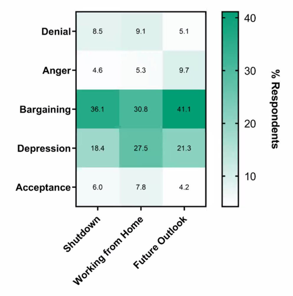  @suartce 's opening remarks fromImpact of COVID on lab-based research trainees315 respondents + 18 semi-structured interviewsMixed method analysisKubler-Ross Model of griefManuscript available now; will post link when I find it later in thread