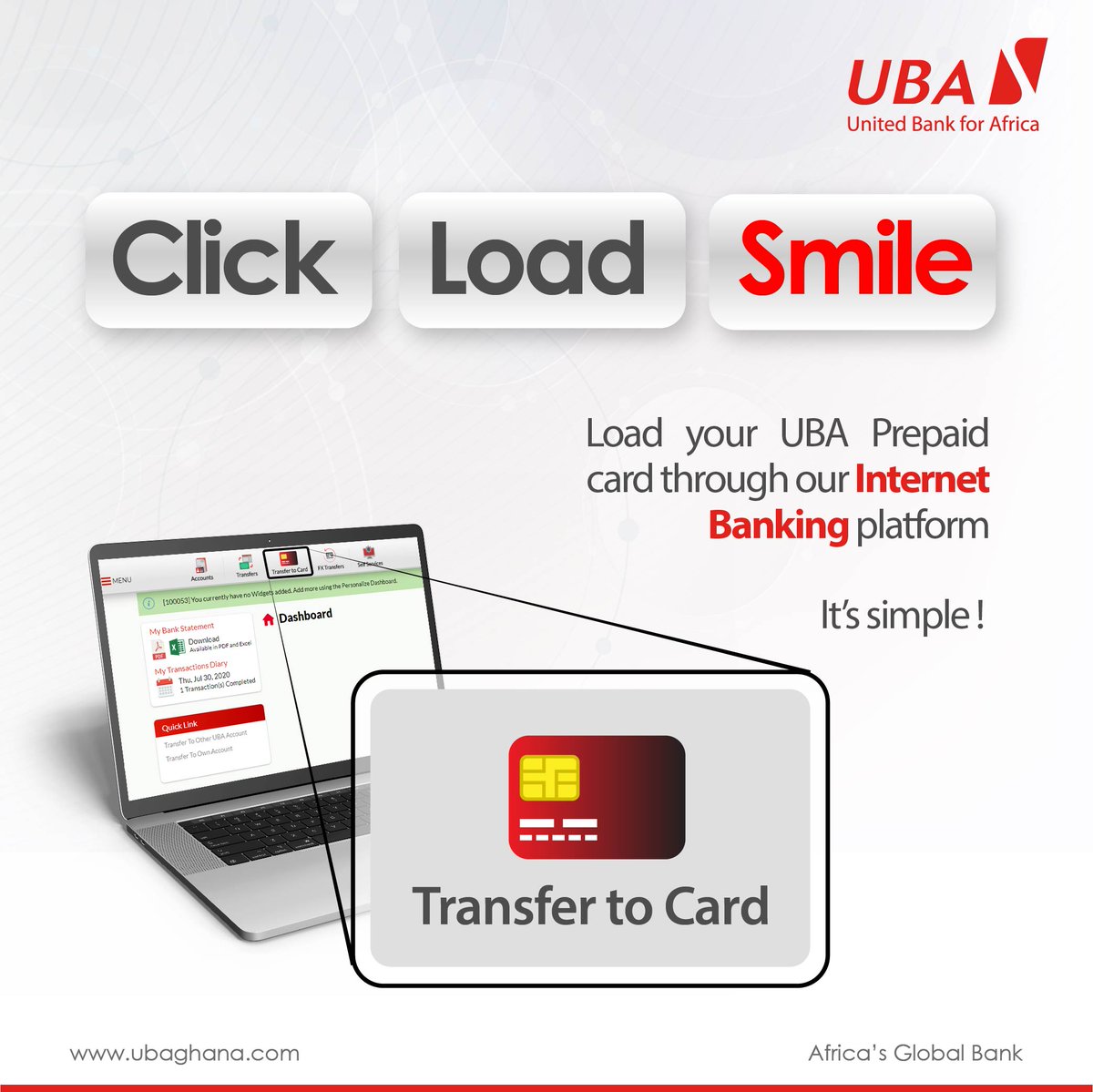 UBAGhanaLtd's tweet photo. It's very SIMPLE!
Load your #UBAPrepaidCard with our internet banking service.
Learn how sign up here: https://t.co/UotT0s2dLP.
Click here to access the portal: https://t.co/wiaTMzJeza
#StaySafe #LeoMagic #AfricasGlobalBank https://t.co/n7CGFM2t4C