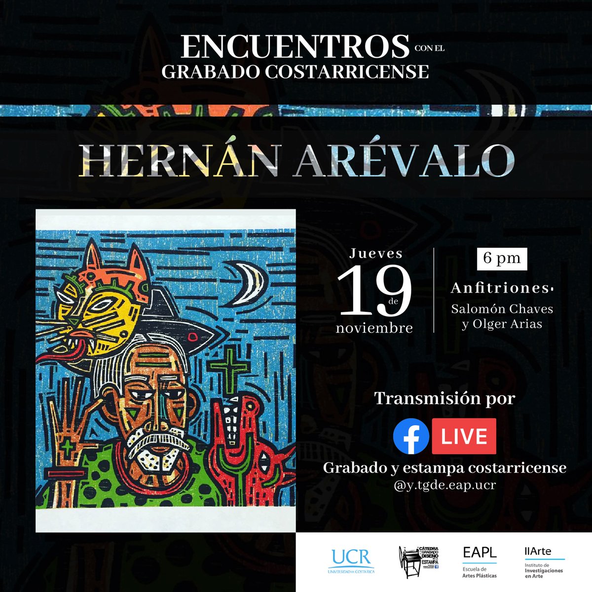 eap_ucr's tweet photo. "Encuentros con el Grabado Costarricense"

Jueves 19 de noviembre de 2020 a las 6:00 p. m. 
Por medio de Facebook Live de Grabado y Estampa Costarricense

#ArtesPlasticasUCR #SoyArtesPlasticas #SomosArtesPlasticas #SoyUCR #SomosUCR #UCR #UniversidadDeCostaRica #CostaRica https://t.co/L4ZkTd75Gx